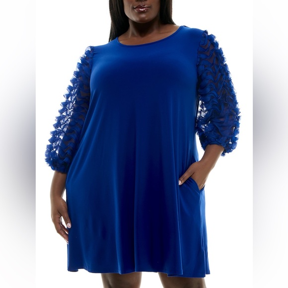 NWT Nina Leonard Mesh Textured Balloon Sleeve Mini Trapeze Dress Sz L - Picture 15 of 15